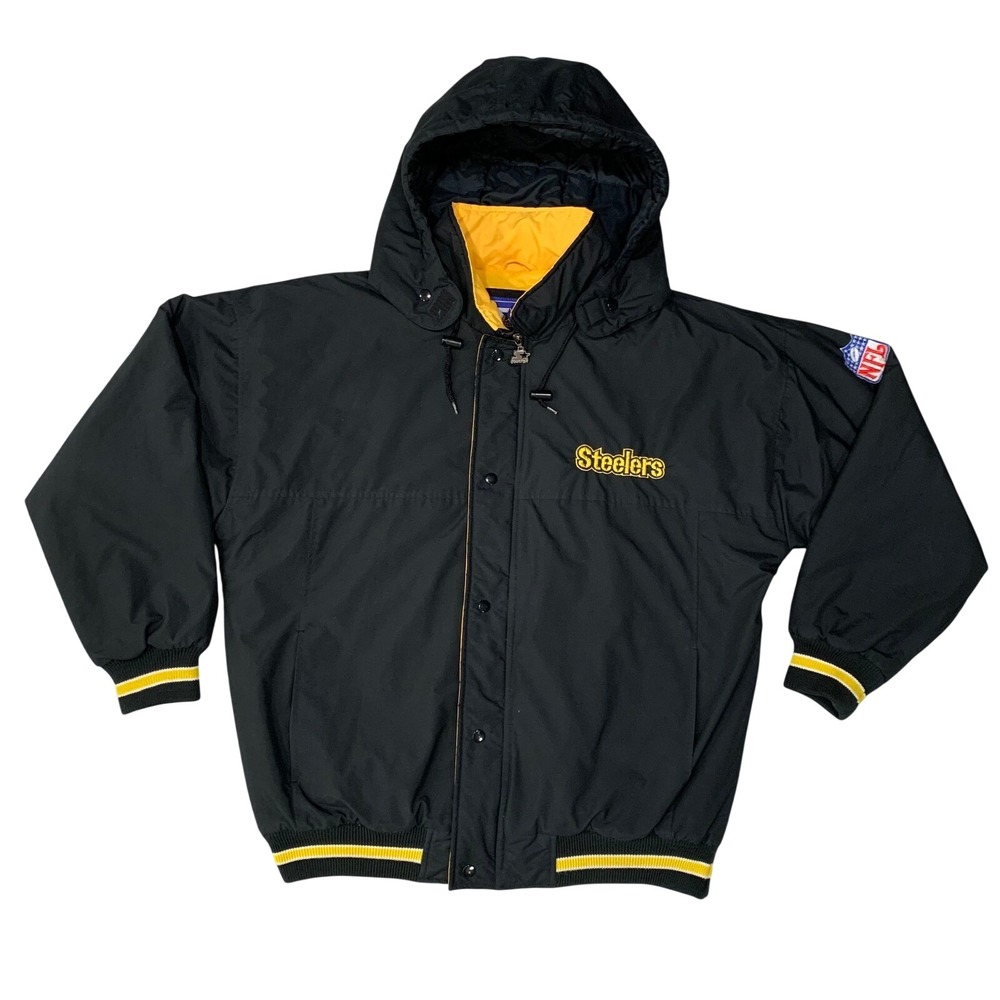 Vintage 90s Starter Pittsburgh Steelers Hooded Puffer Jacket L Black Yellow NFL‎